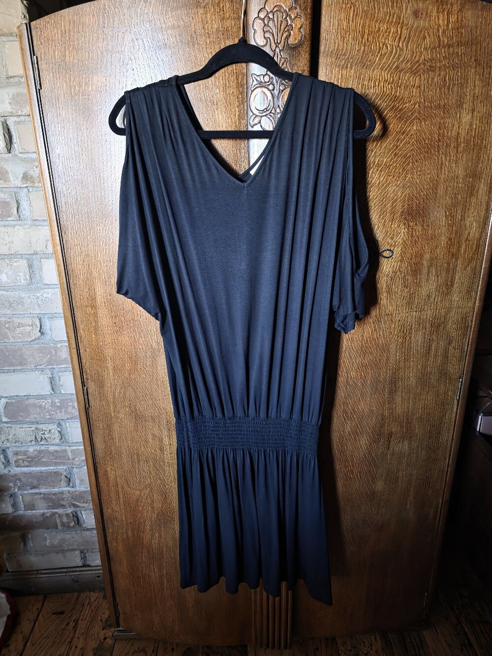 Black V-Neck Smocked Waist Women's Dress With Shoulder Slit
